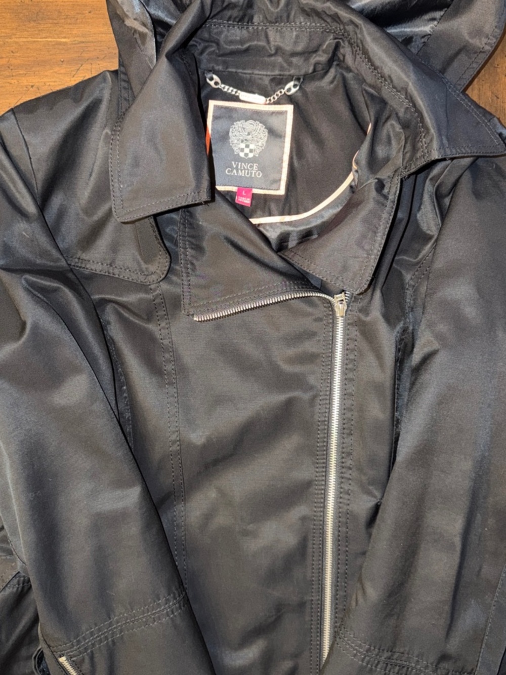 Vince Camuto Women’s Black Rain Jacket Hooded Zippers Size Large